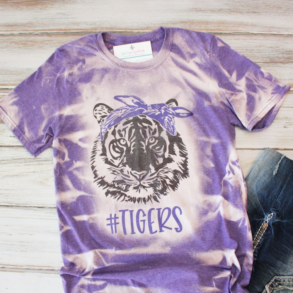 New Hand Bleached Unisex Tee Small - Tiger with Bandana - RTS